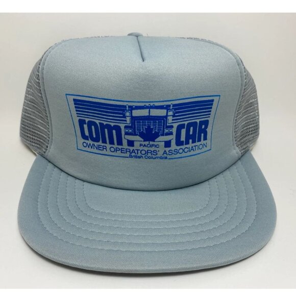 VTG 90s Grey Foam & Mesh Trucker Hat with Blue Com Car Owner Operators Logo - Picture 1 of 3